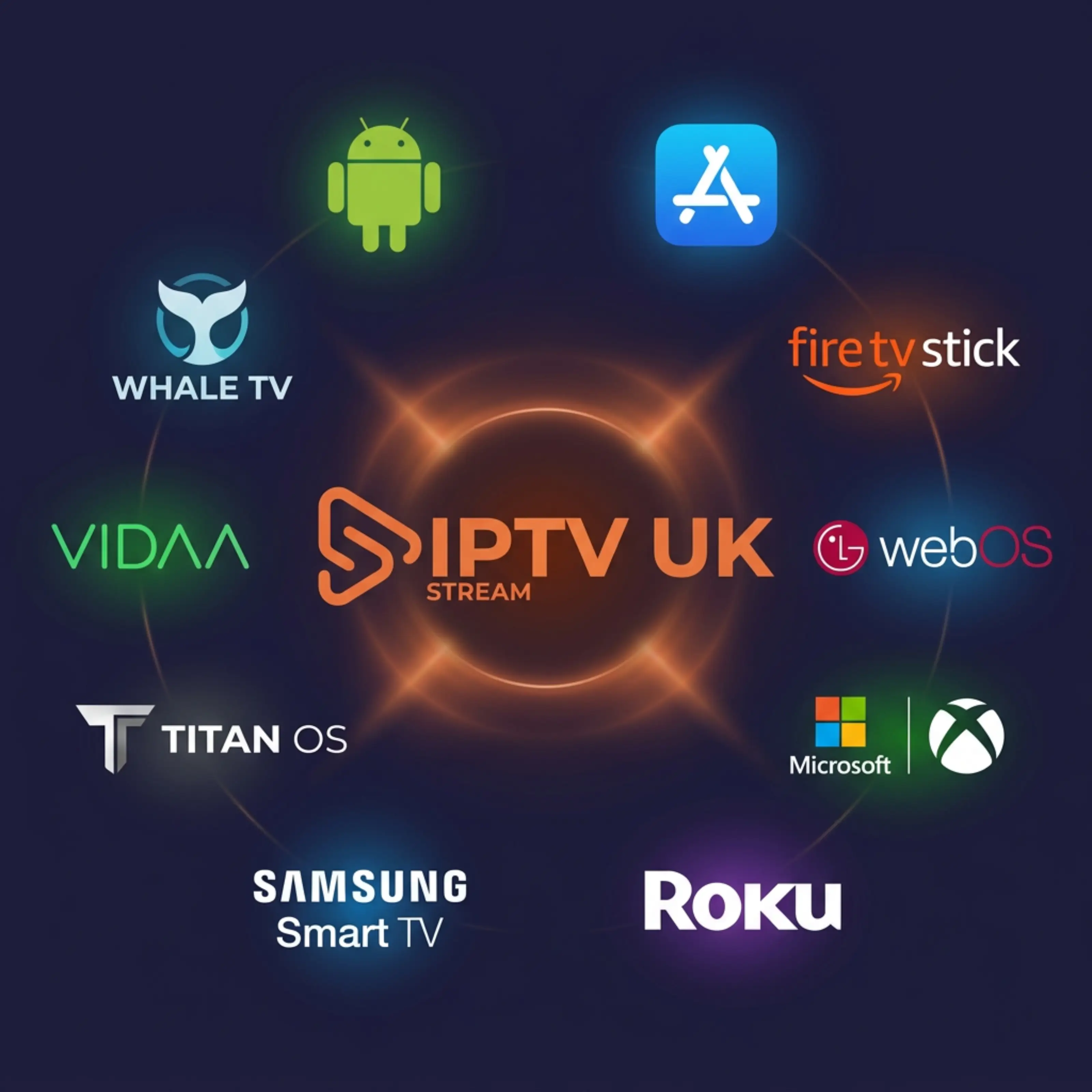 IPTV UK Compatible Devices - Fire TV Stick, Samsung Smart TV, Android TV, iOS, MagBox, NVIDIA Shield, Android, IPTV Smarters Pro, Xbox Live, WebPlayer, LG Smart TV, Windows