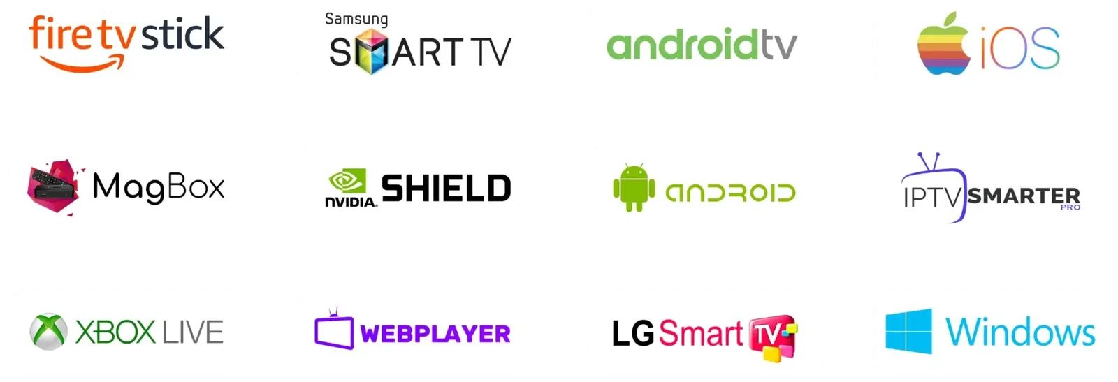 IPTV UK Compatible Devices - Fire TV Stick, Samsung Smart TV, Android TV, iOS, MagBox, NVIDIA Shield, Android, IPTV Smarters Pro, Xbox Live, WebPlayer, LG Smart TV, Windows